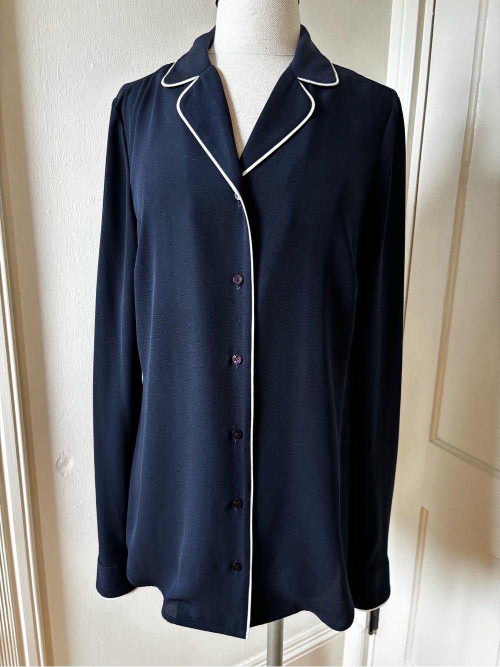Talbots Navy Button-Down Blouse with White Piping